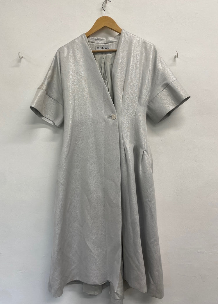 Fabulous OSMAN Dress UK 12 Silver metallic dress coat button flare GM143