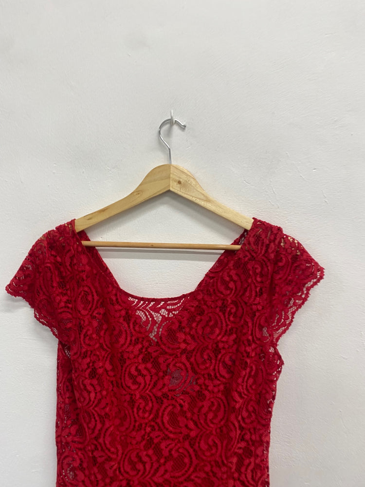 Fabulous Phase Eight Dress UK 14 Red lace overlay formal LG276