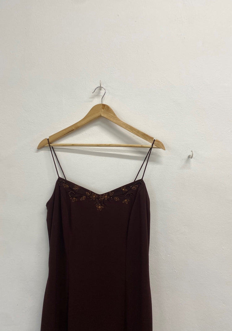 Fabulous Dave & Johnny Dress UK 14 Brown beaded maxi evening TM395