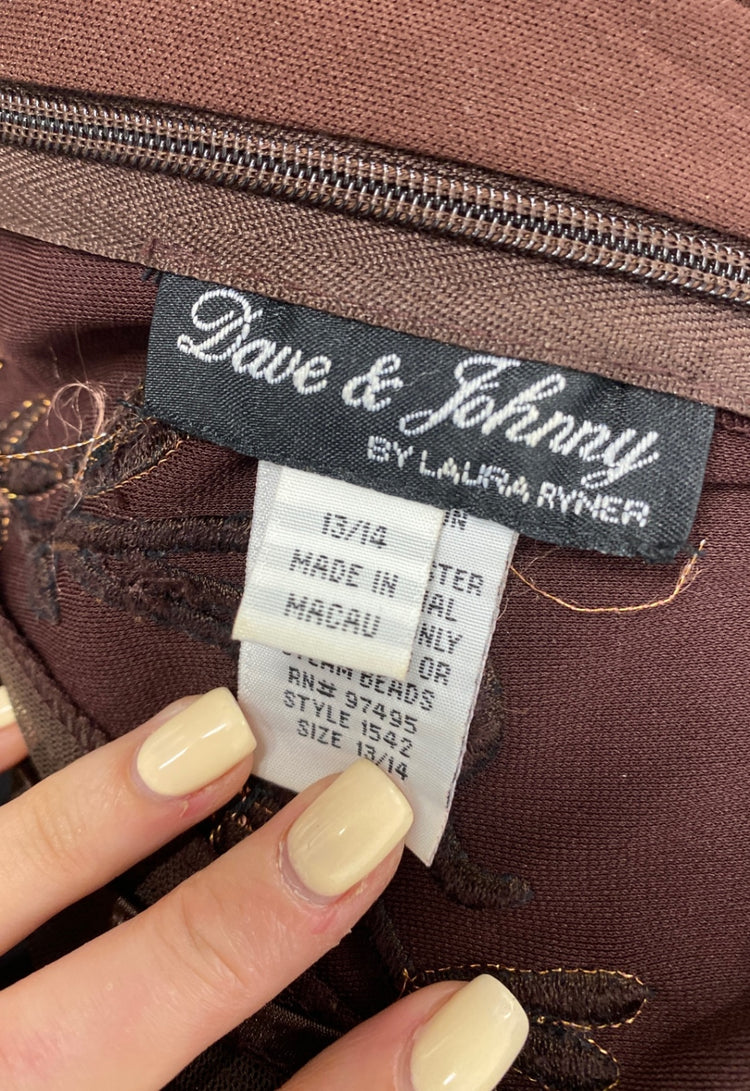 Fabulous Dave & Johnny Dress UK 14 Brown beaded maxi evening TM395