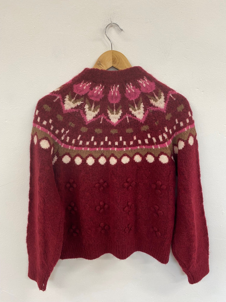 Fabulous Scotch & Soda Burgundy Tulips Cottagecore Jumper UK S LO442