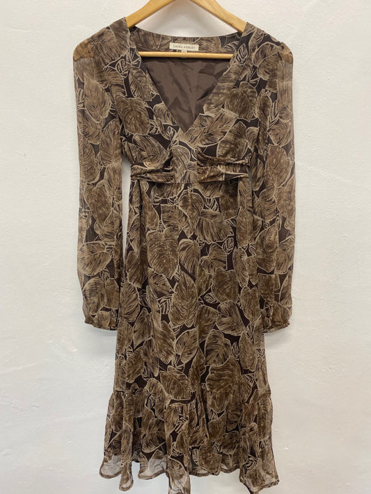 Fabulous Laura Ashley cottage core silk tea Dress Uk8 Brown Botanical A Line BT001