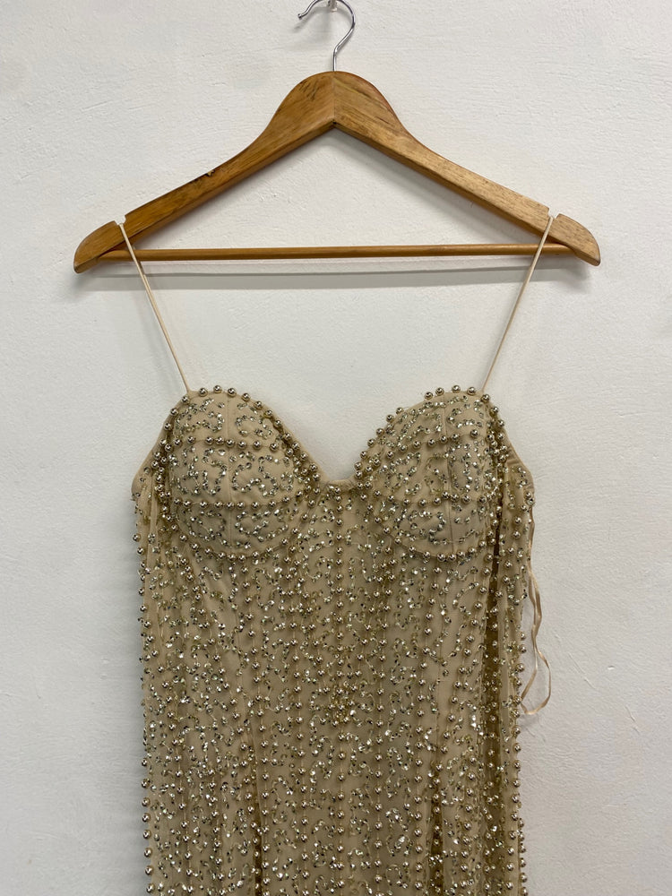 Fabulous River Island Dress UK 12 Champagne gold beaded evening TM447