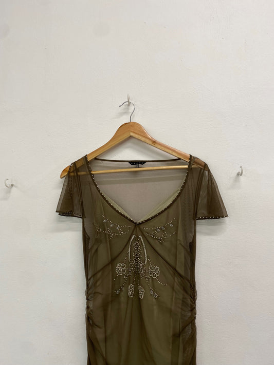 Fabulous Coast y2k Dress Uk 10 Olive Green vintage beaded over layer TM447