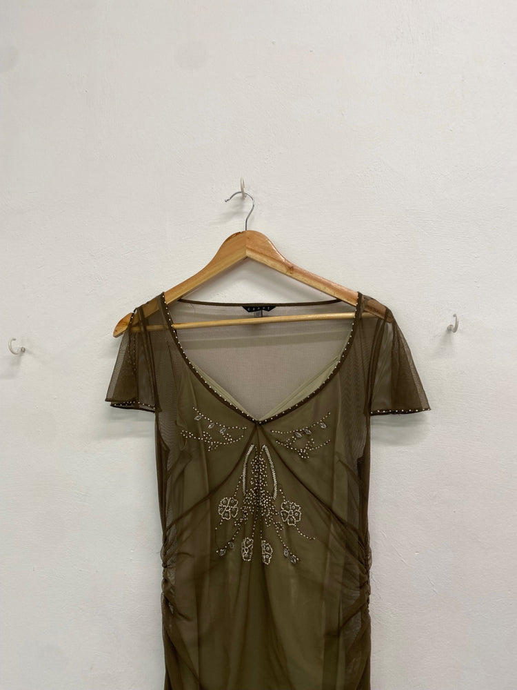 Fabulous Coast y2k Dress Uk 10 Olive Green vintage beaded over layer TM447