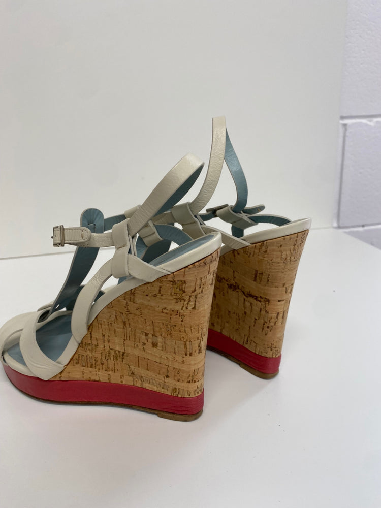 Fabulous Nicole Farhi cork wedge occasion Sandals Uk7 Cream & Red CM061