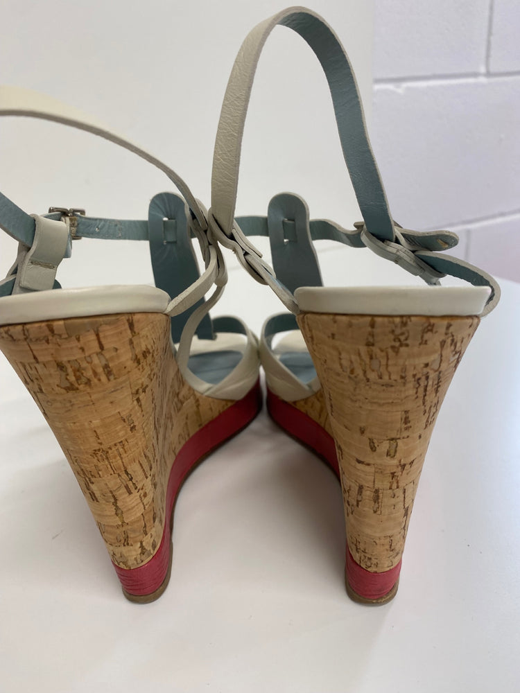 Fabulous Nicole Farhi cork wedge occasion Sandals Uk7 Cream & Red CM061