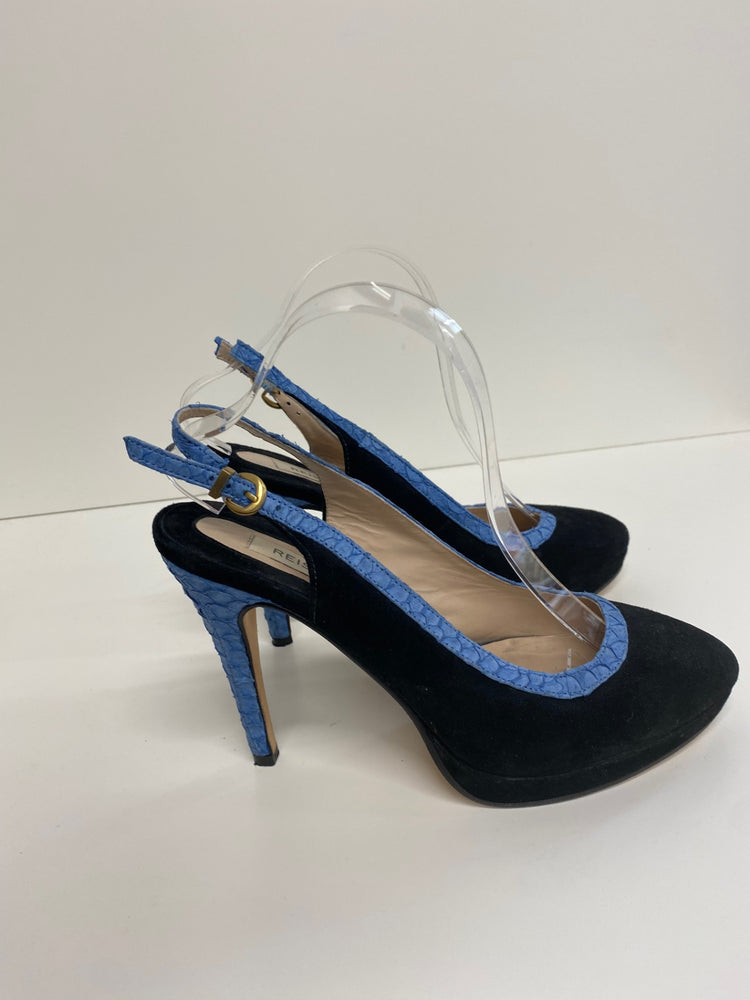 Fabulous REISS velvet platform slingback heels Uk7 Black & snakeskin blue CM061