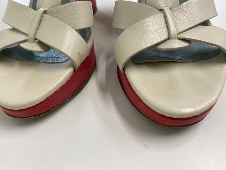 Fabulous Nicole Farhi cork wedge occasion Sandals Uk7 Cream & Red CM061