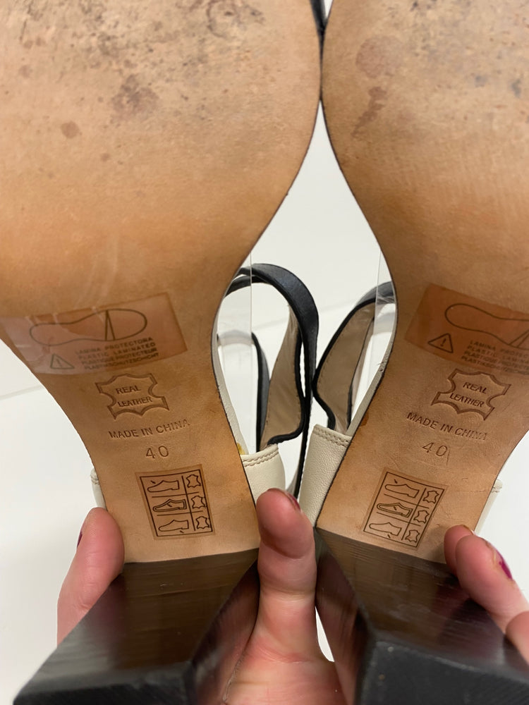 Fabulous Reiss Heeled Sandals long ankle straps Uk7 Cream & Black CM061