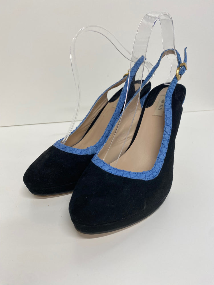 Fabulous REISS velvet platform slingback heels Uk7 Black & snakeskin blue CM061