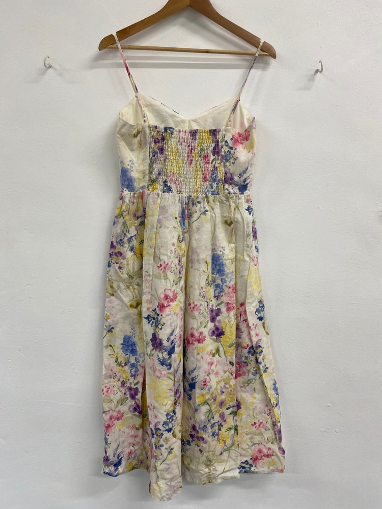 Fabulous H&M Cream Watercolour Floral Linen Blend Midi Dress UK S CM061