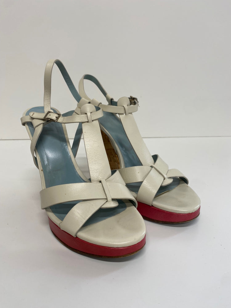 Fabulous Nicole Farhi cork wedge occasion Sandals Uk7 Cream & Red CM061
