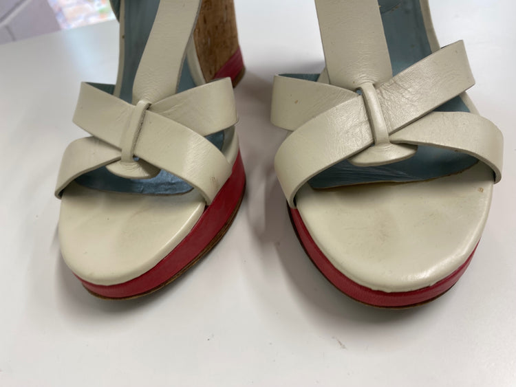 Fabulous Nicole Farhi cork wedge occasion Sandals Uk7 Cream & Red CM061