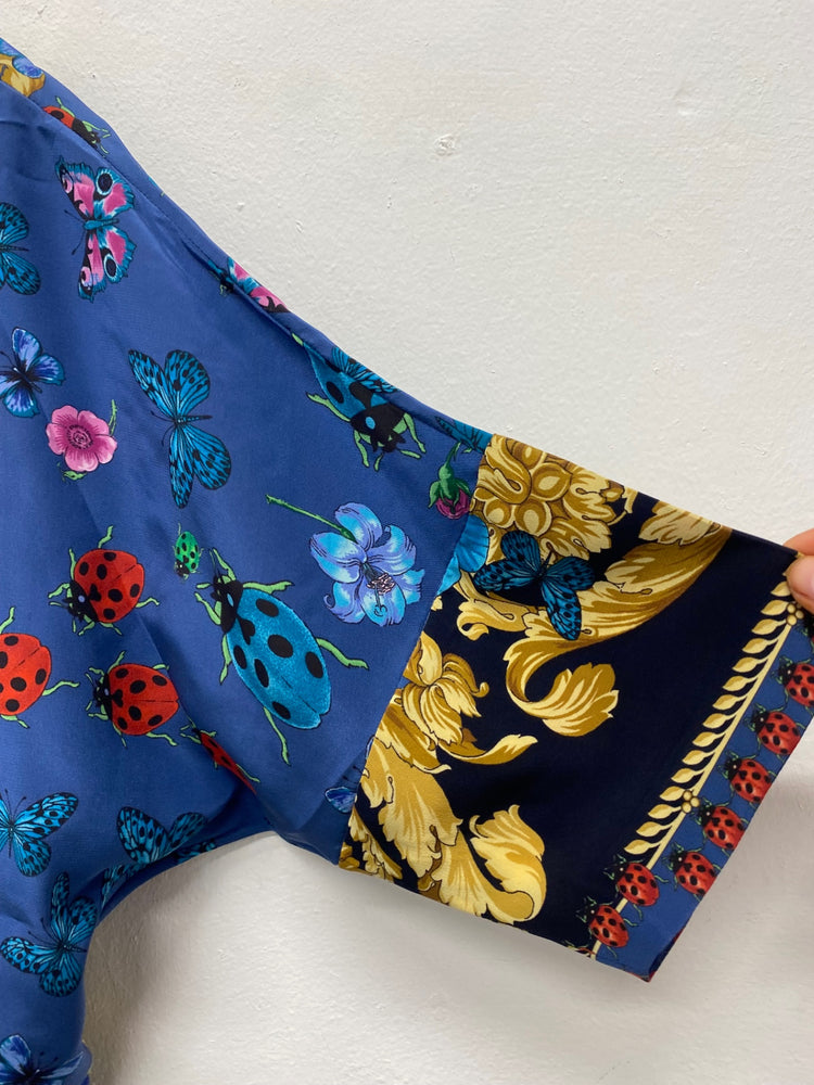 Fabulous Versace classic scarf effect pure silk Blouse UK14-16 Blue & Gold butterfly’s Rare MD002