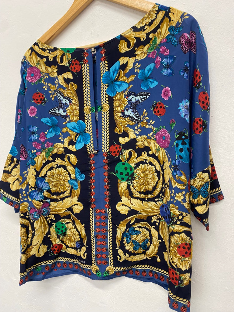 Fabulous Versace classic scarf effect pure silk Blouse UK14-16 Blue & Gold butterfly’s Rare MD002