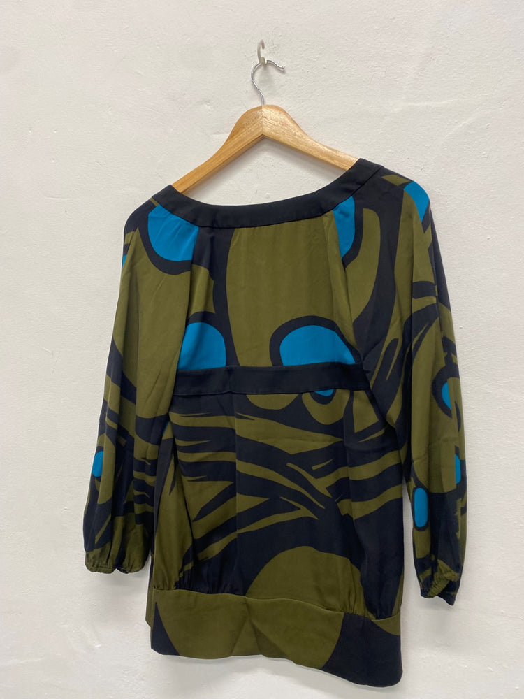 Fabulous Diane von Furstenberg silk blend abstract Top UK10 Olive Green MD002
