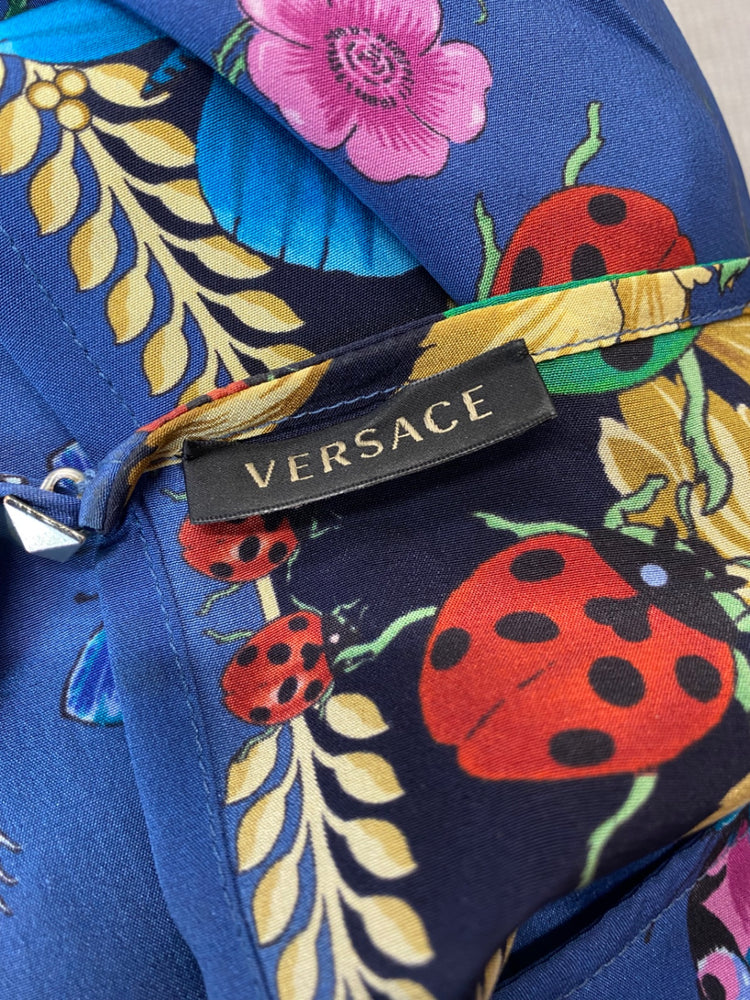 Fabulous Versace classic scarf effect pure silk Blouse UK14-16 Blue & Gold butterfly’s Rare MD002