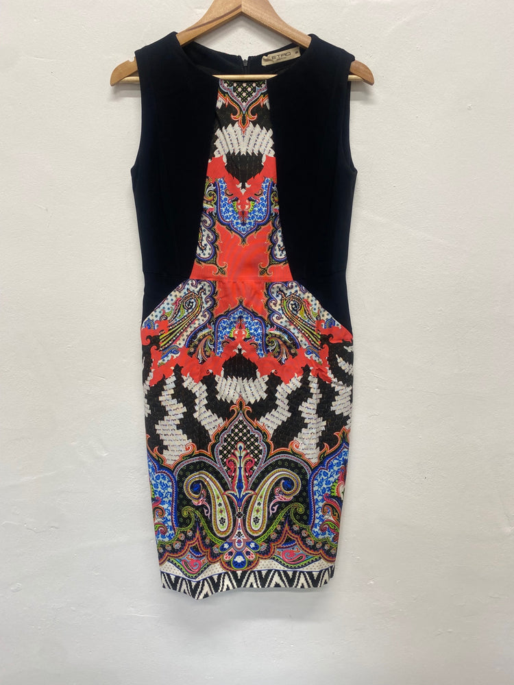 Fabulous ETRO paisley party occasion Dress Uk14 black fitted Italian 48 MD002