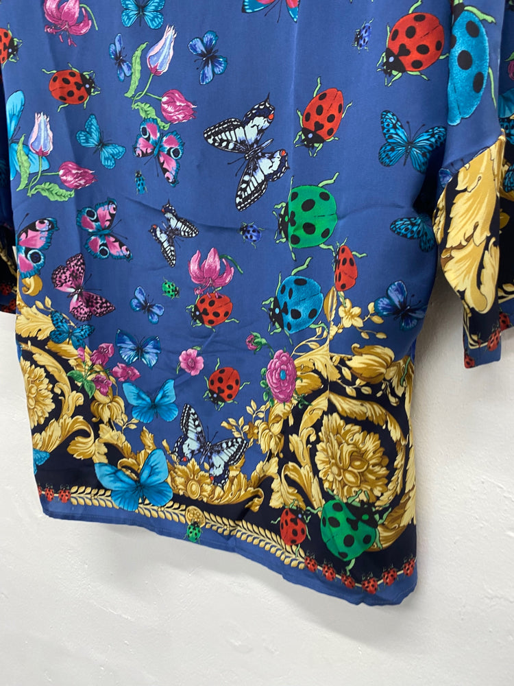 Fabulous Versace classic scarf effect pure silk Blouse UK14-16 Blue & Gold butterfly’s Rare MD002