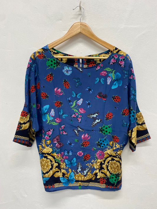 Fabulous Versace classic scarf effect pure silk Blouse UK14-16 Blue & Gold butterfly’s Rare MD002