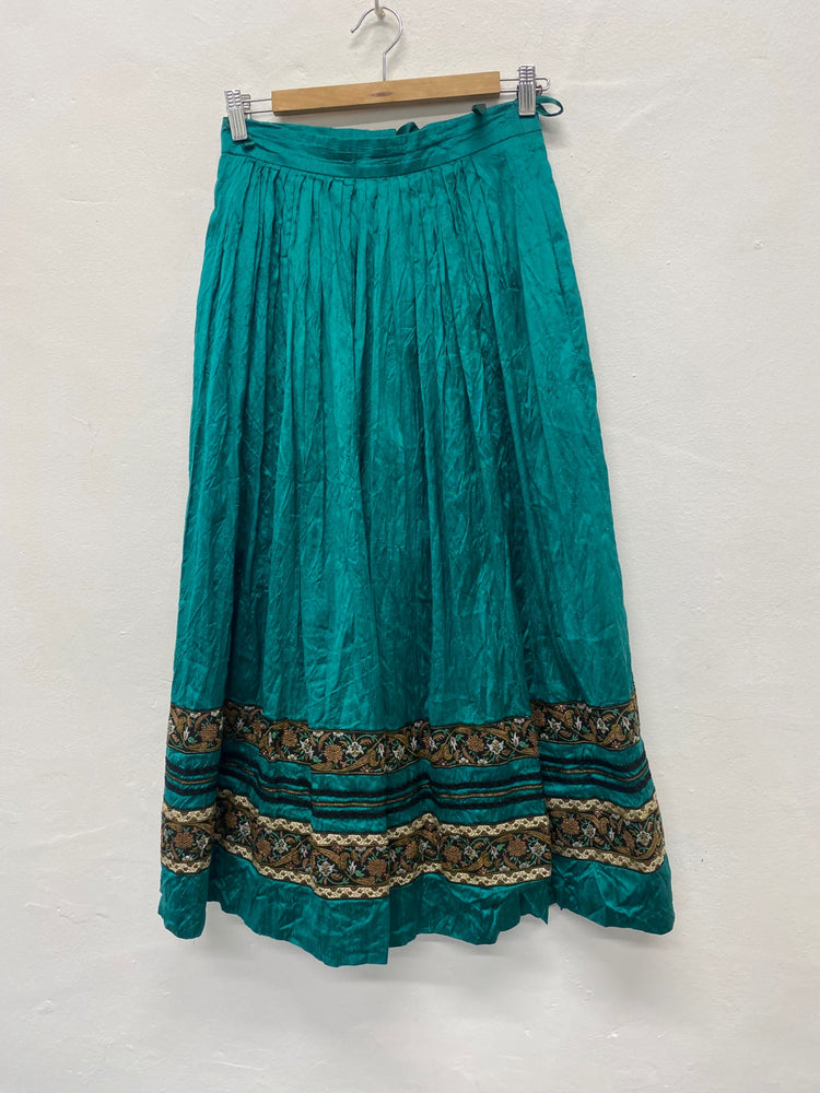 Fabulous Eger Pure Silk boho gypsy Skirt UK10 Teal & Gold Cottagecore LG276