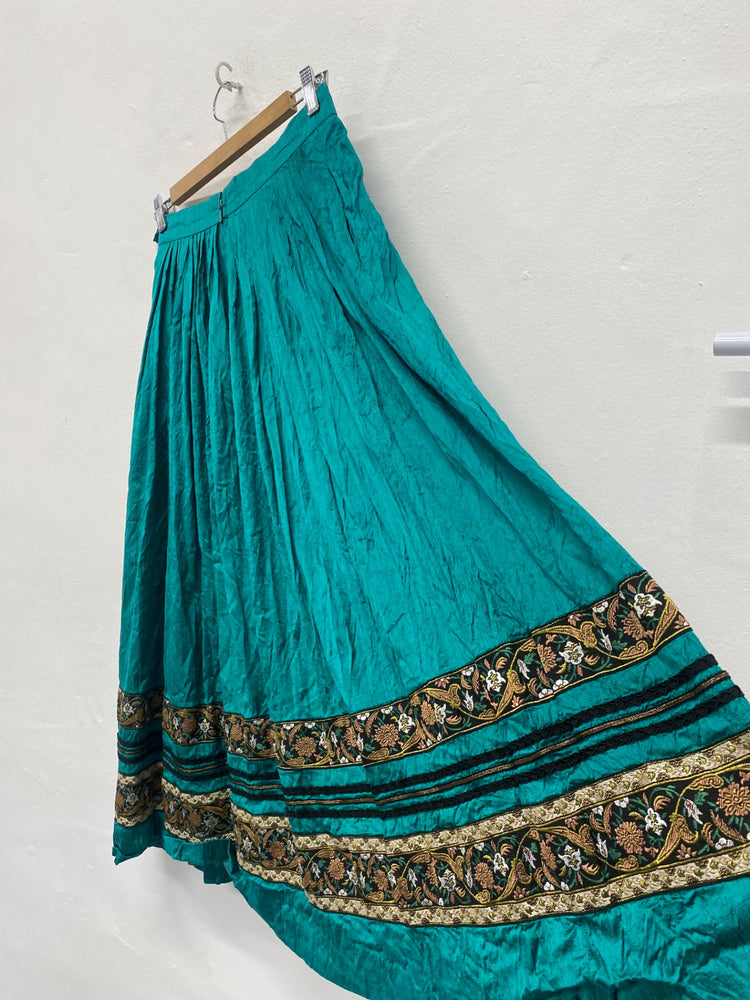 Fabulous Eger Pure Silk boho gypsy Skirt UK10 Teal & Gold Cottagecore LG276