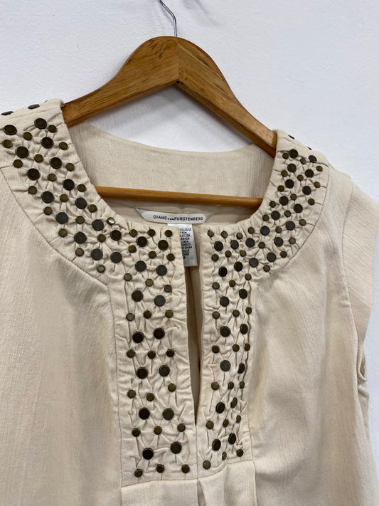 Fabulous Diane Von Furstenberg linen blend Dress UK12 Beige studded GM143