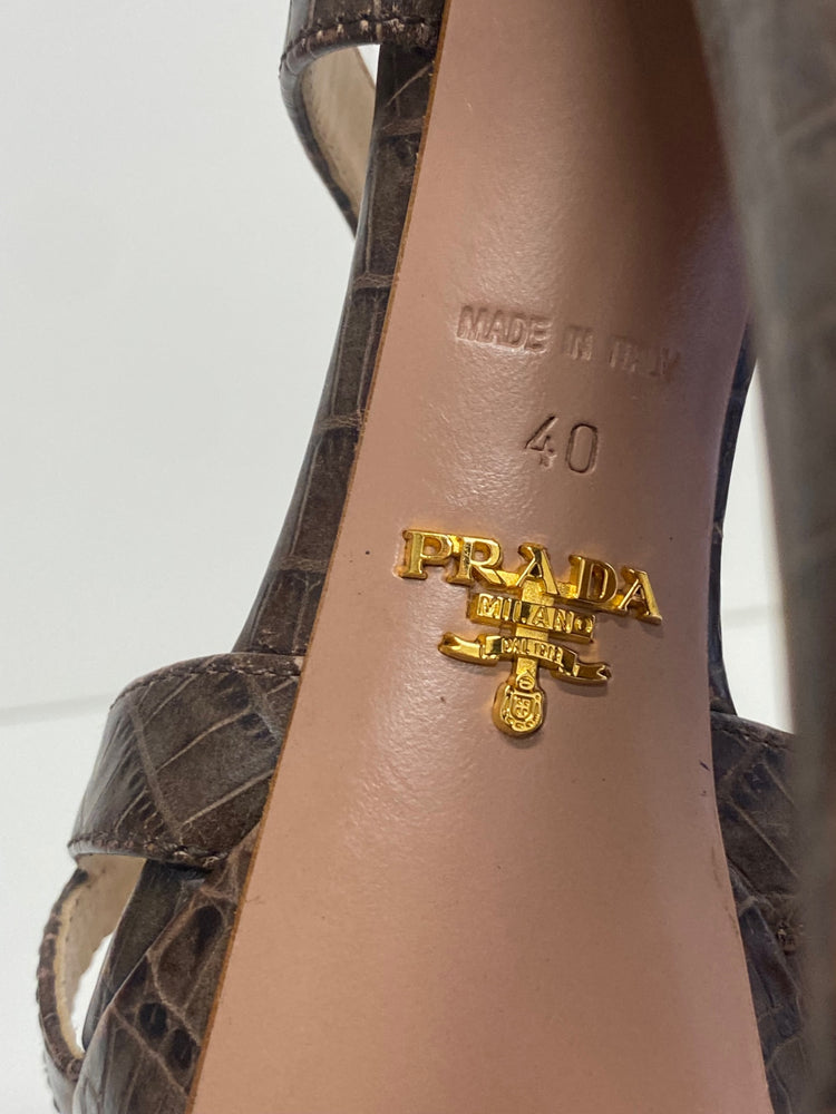 Fabulous Prada platform cut out Moc croc Sandals Uk7 Brown GM143