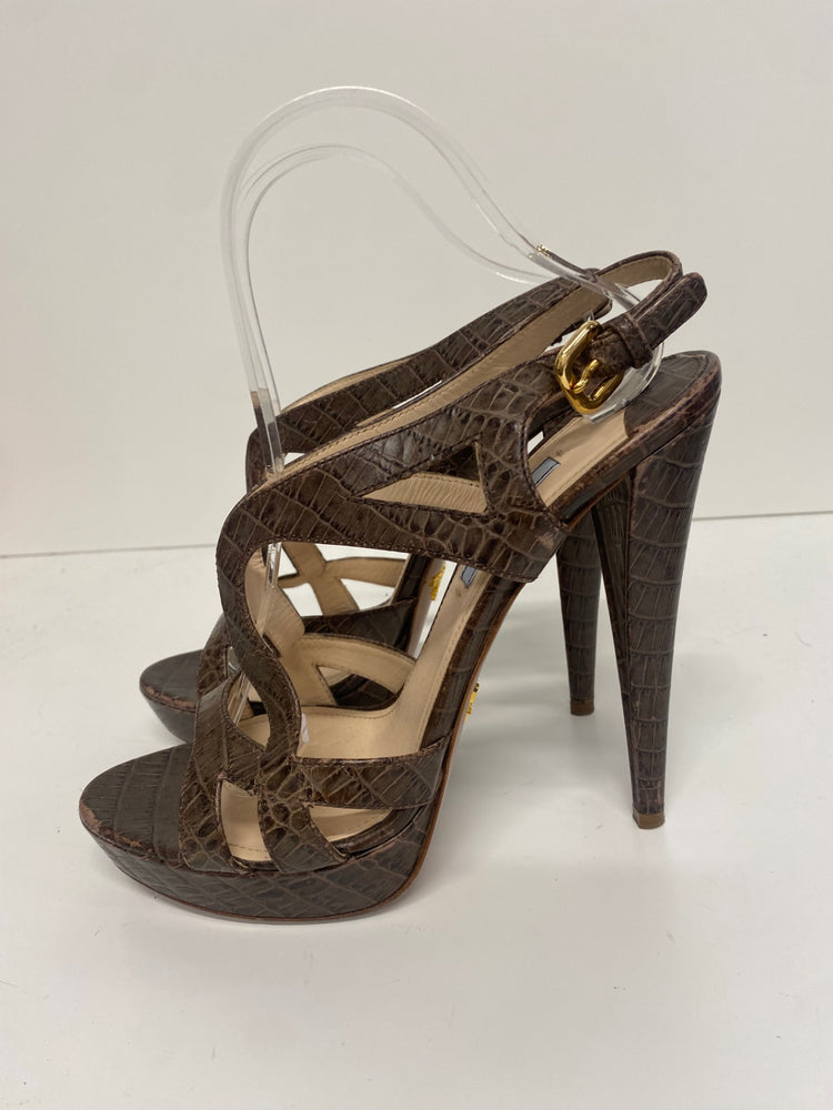 Fabulous Prada platform cut out Moc croc Sandals Uk7 Brown GM143