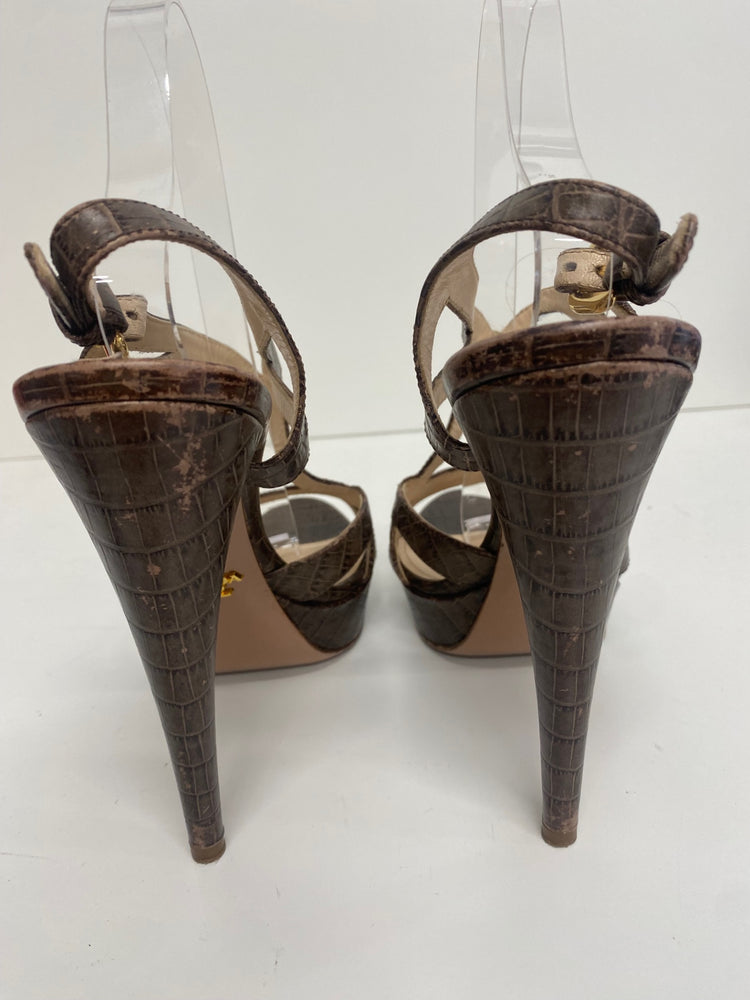 Fabulous Prada platform cut out Moc croc Sandals Uk7 Brown GM143