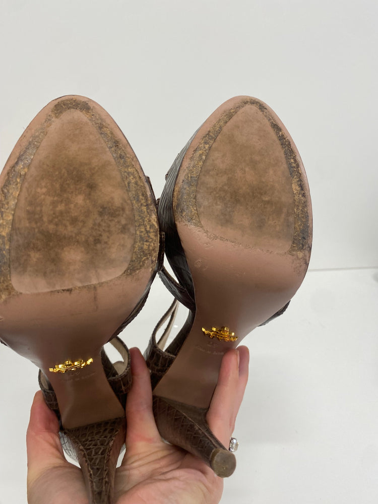 Fabulous Prada platform cut out Moc croc Sandals Uk7 Brown GM143