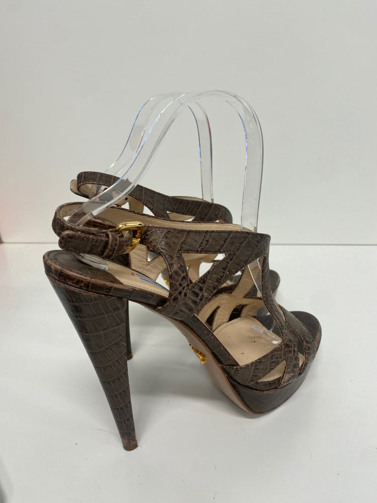 Fabulous Prada platform cut out Moc croc Sandals Uk7 Brown GM143