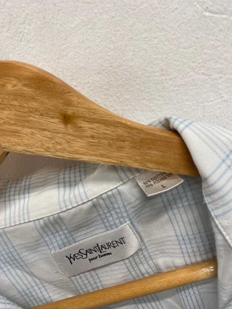 Classic Yves Saint Laurent Shirt UK L White blue checked cotton GM143