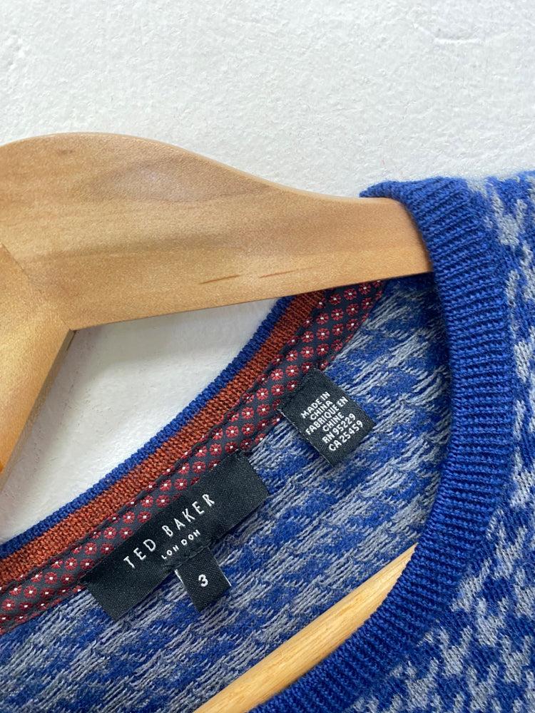 Fabulous Ted Baker Sweater UK M Blue houndstooth wool blend ZB458