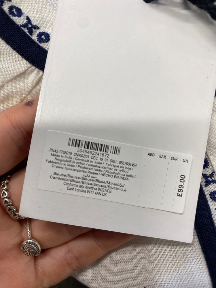 Fabulous EAST Blouse UK XL White navy pattern cotton GC459