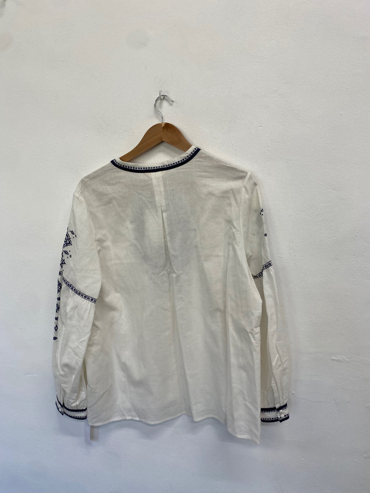 Fabulous EAST Blouse UK XL White navy pattern cotton GC459