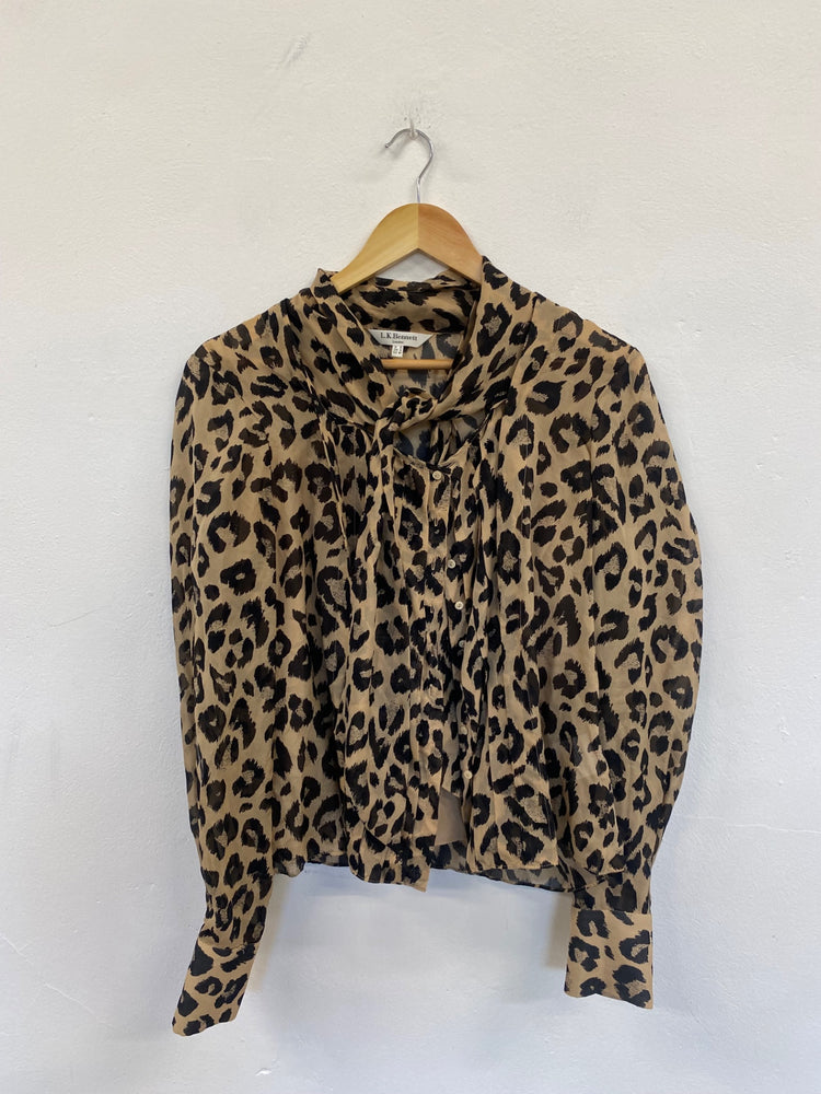 Fabulous L.K. Bennett Silk Pussy bow animal print Blouse Uk16 Beige & Black jF463