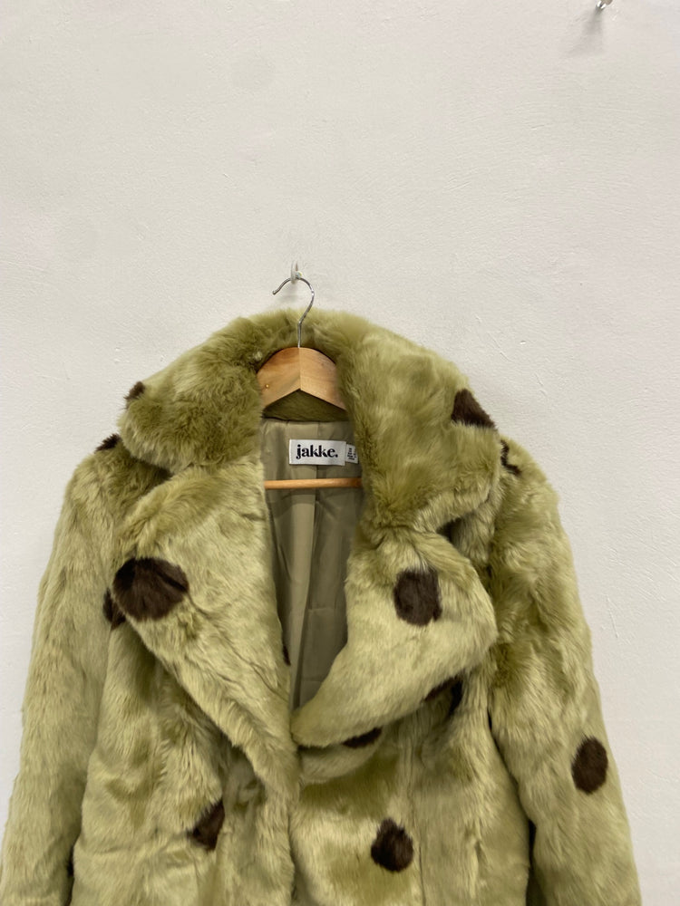 Fabulous jakke Faux fur jacket Uk 8 Olive green spotted TG465