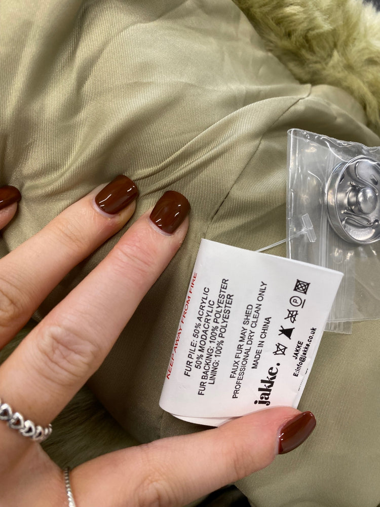 Fabulous jakke Faux fur jacket Uk 8 Olive green spotted TG465