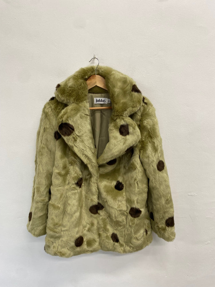 Fabulous jakke Faux fur jacket Uk 8 Olive green spotted TG465