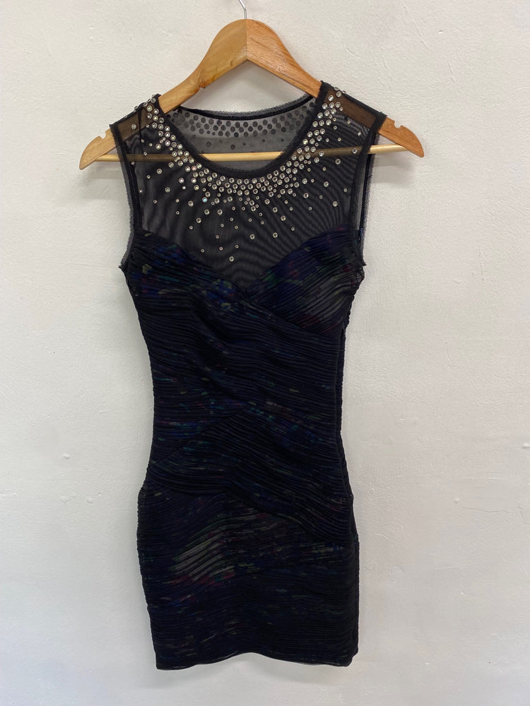 Fabulous BCBG Maxazria Mini dress UK XS Black mesh sequin party TG465