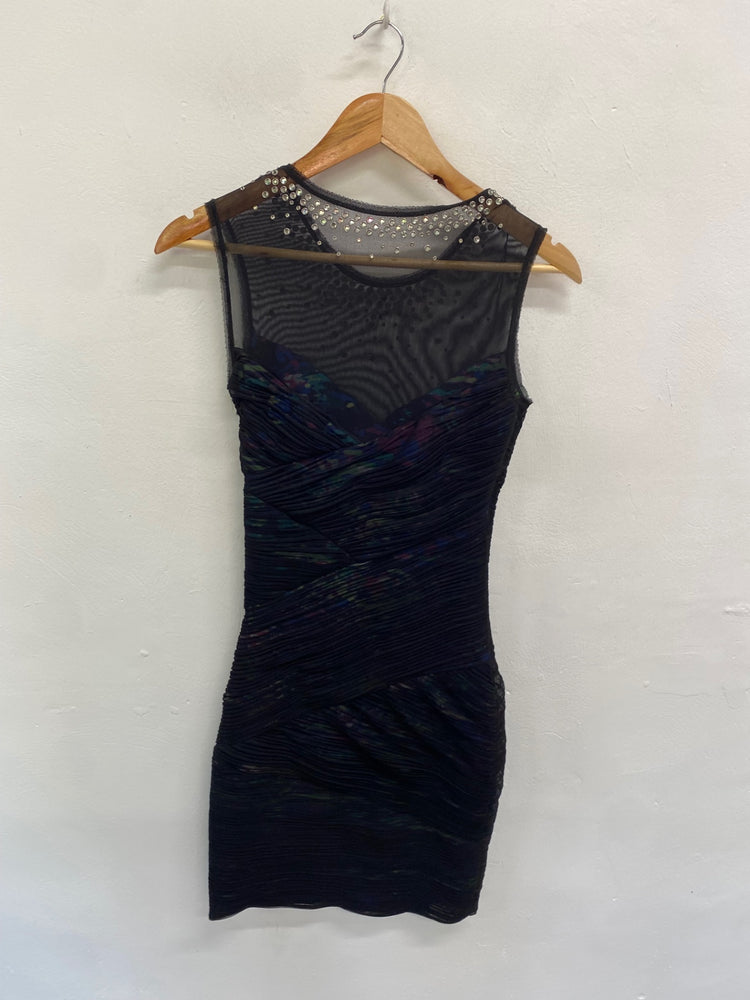 Fabulous BCBG Maxazria Mini dress UK XS Black mesh sequin party TG465