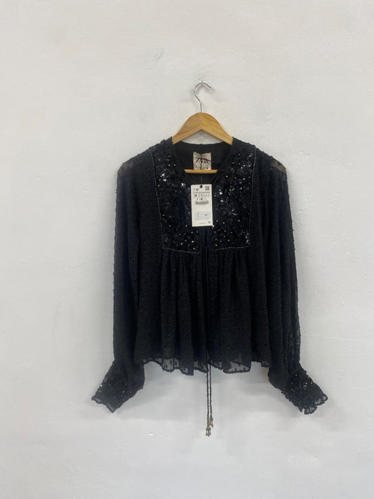 Fabulous Zara sequin open top jacket UkM Black Semi sheer KB474