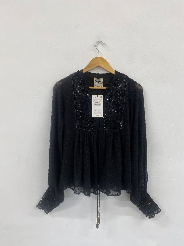 Fabulous Zara sequin open top jacket UkM Black Semi sheer KB474