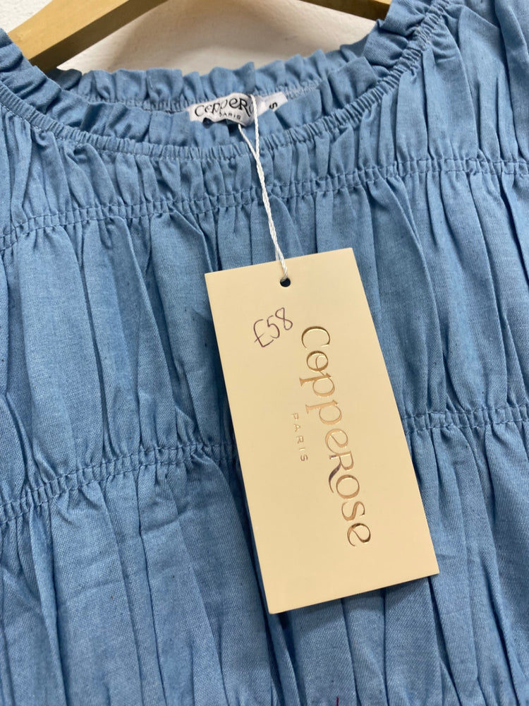 Fabulous Copper rose Maxi Dress UK S Blue Shirred JM478