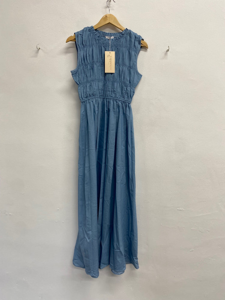 Fabulous Copper rose Maxi Dress UK S Blue Shirred JM478