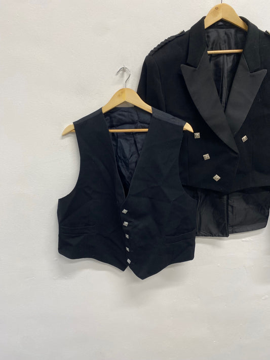Fabulous traditional kilt jacket waistcoat Prince Charlie ex hire Uk 48 short Black #671 MD001