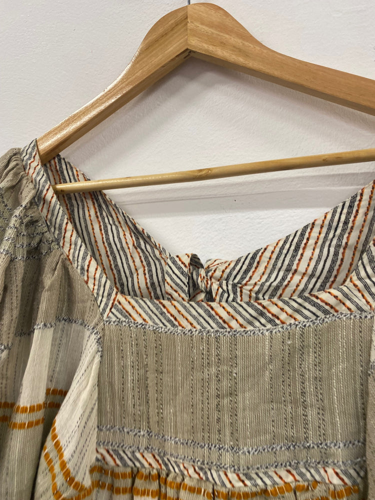 Fabulous FreePeople striped puff sleeve mini Dress UkXS Beige Boho chic CP002