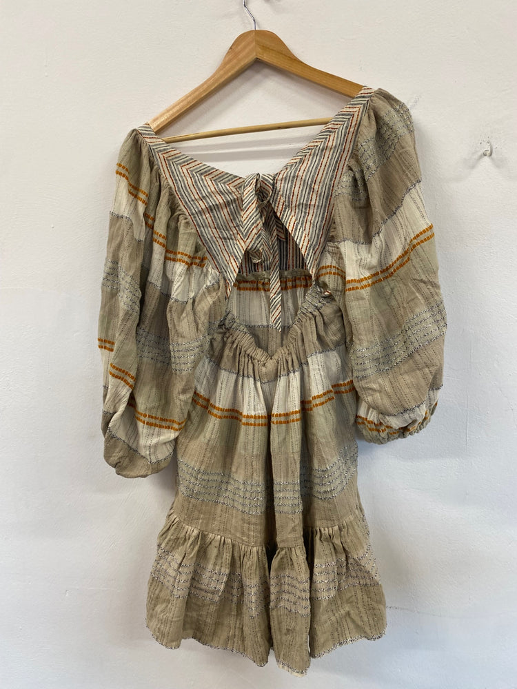 Fabulous FreePeople striped puff sleeve mini Dress UkXS Beige Boho chic CP002